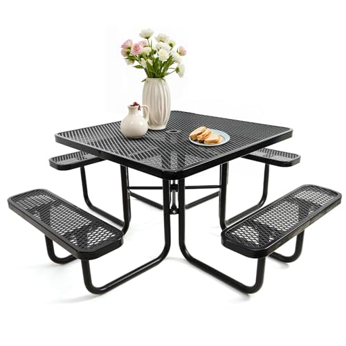 Square Metal Picnic Table Set with Benches and Umbrella Hole