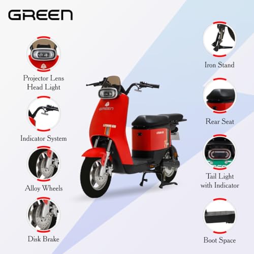 Image of Green Udaan Electric Scooter for adult�s commuter, No RTO Registration or DL required, 75kms Range & 25kmph, Comfortable Wider Deck E-Bike | Red