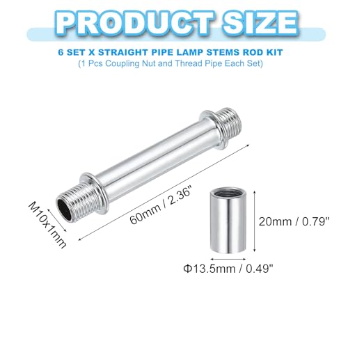 Image of PATIKIL Straight Pipe Lamp Stems Rod Kit, 6 Set M10 Carbon Steel 60mm(2.36 inch) Long Double End Thread Rod with Coupling Nuts Sleeve Connector for Table Lamps Chandeliers, Silver Tone