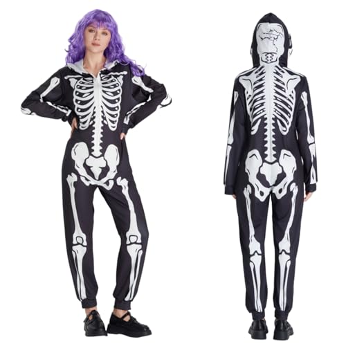 SAEWTINOR 2 Pièces Déguisement Squelette Femme Combinaison Pyjama Halloween Adulte avec Perruque Violette Outfit de Cosplay Carnaval et Pyjama de Dormir(XL)
