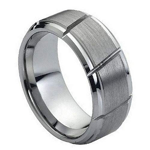 CloseoutWarehouse Tungsten Diagonal Decorated Lines Brushed Center Band Ring