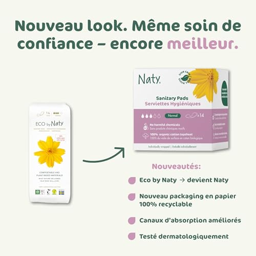 Naty Serviettes hygiéniques Normal sans ailettes | Voile supérieur 100% en coton bio certifié| Sûres pour la peau | Sans parfum ni plastique conventionnel | Protections absorbantes | 14 serviettes - vue 7