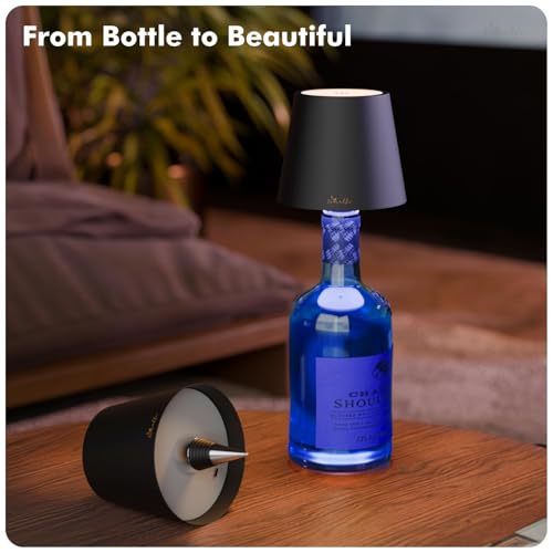 Image of Wireless Bottle Lamp for Living Room | 3 Colour Tones with Dimming | Rechargeable Touch Lampshade | Night Light for Bedroom | Birthday Gifts for Girls, Women, Wife (Black, Vino)