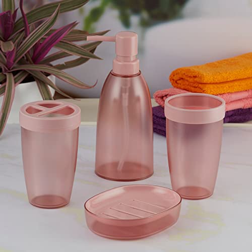 Image of Kookee Acrylic Bathroom Set - Stylish 4 Piece Bath Accessories Kit with Soap Dispenser, Toothbrush Holder, Tumbler & Soap Dish - Modern & Designer Decor for Home & Guest Bathrooms (8662)
