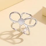 MYANAIL Hollow Flower Ring for Women Petals Floral Wrap Finger Statement Ring Minimalist Stainless Steel Gold-Plated Ring Jewelry Large Flower Open Adjustable Daisy Wrap Rings (Silver)