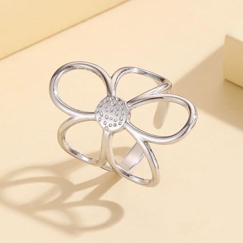 MYANAIL Hollow Flower Ring for Women Petals Floral Wrap Finger Statement Ring Minimalist Stainless Steel Gold-Plated Ring Jewelry Large Flower Open Adjustable Daisy Wrap Rings (Silver)