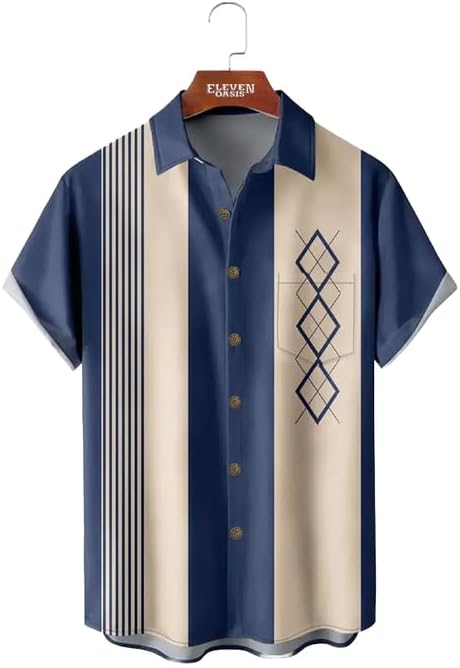 Men's Mid-Century Modern Bowling Shirt, Retro Geometric Stripes Short Sleeve Camp Shirt