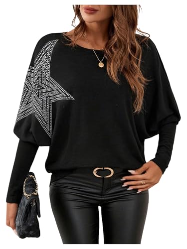 Verdusa Women's Rhinestone Star Elegant T Shirts Dressy Causal Tops