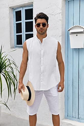 Bbalizko Mens Sleeveless Button Down Shirts Linen Cotton Summer Beach Basic Tank T-Shirt Tops2