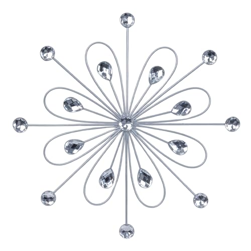 hogardeck Metal Flower Wall Decor, 11inch Silver Metal Jeweled Wall Art Bling Crystal Home Décor, Sun Burst Rhinestone Wall Hanging Diamond Accents for for Indoor, Outdoor, Living Room, Bedroom