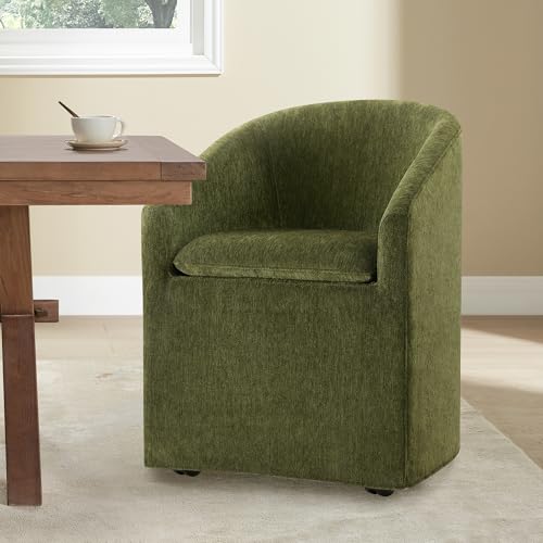 Image of KISLOT Upholstered Dining Chairs with Casters, Washable Cover Modern Dining Room Chairs with Barrel Backrest & Armrest, Vanity Chair with Wheels for Kitchen, Living Room, Bedroom, Green Fabric, 1PCS