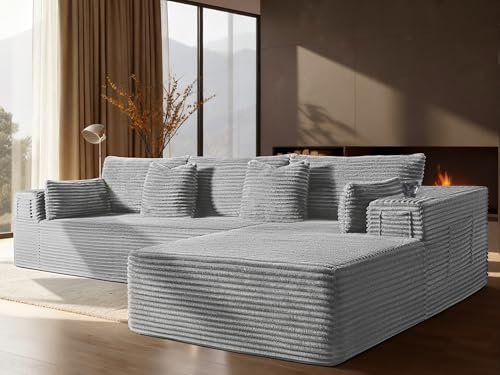 Image of 108 inch Oversized Cloud Sectional Couch, Comfort L Shaped Boneless Couch for Living Room, Extra Deep Seats No Assembly, Minimalist Modular Sofa, Corduroy (Light Grey, 2 seater+Right Facing Chaise)