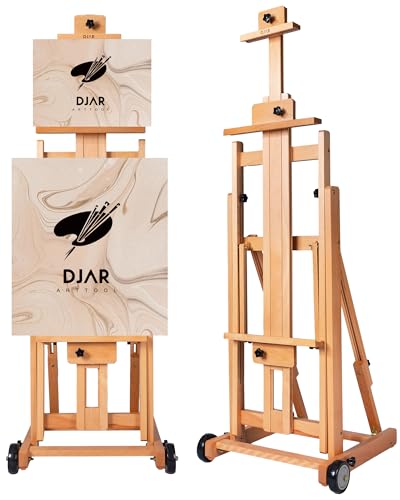 DJAR Large H-Frame Easel, Versatile Adjustable Beech Wood Studio Easel for Painting, Movable and Tilting Flat Heavy-Duty Floor Easel Stand for Artist, Hold 1 or 2 Canvases up to 78", Natural