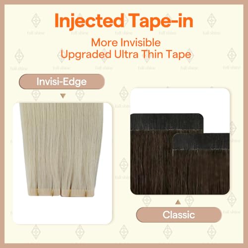 Image of Full Shine Injected Tape in Hair Extensions Human Hair Color Pure Platinum Blonde Virgin Hair Invisible Tape in Extensions 10pcs 20g 14Inch Natural Looking Clavicle Cut