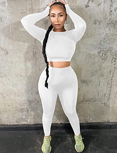 Kaximil Women's Workout Tracksuit 2 Piece Outfits Long Sleeve Crop Top High Waist Legging Pants Set4