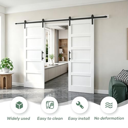 Image of FREDBECK White Barn Door 64x80 (Double 32in x 80in) with Hardware Kit & Handle Included,5-Panel Interior Doors,Water-Proof PVC Surface,Pre-Drilled Holes,Need Assembly