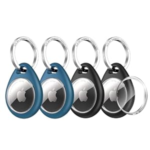 UNBREAKcable Holder for Apple AirTag 4 Pack [Secure Fit Design] [Easy to Install] Waterproof TPU Protective Case with 304 Stainless Steel Keychain, Durable and Scratch-Resistant – Black & Blue