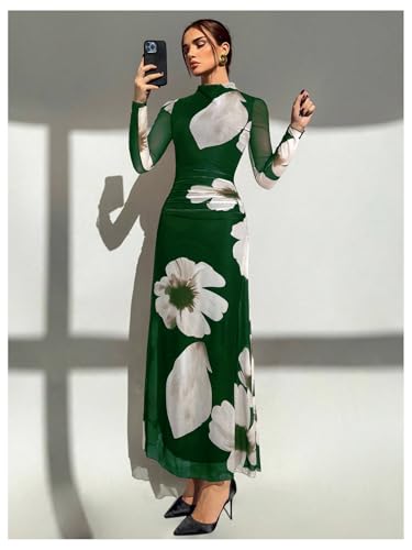 Image of Verdusa Women's Floral Wedding Guest Dress Long Sleeve Mesh Slimming Cocktail Vacation Maxi Dresses