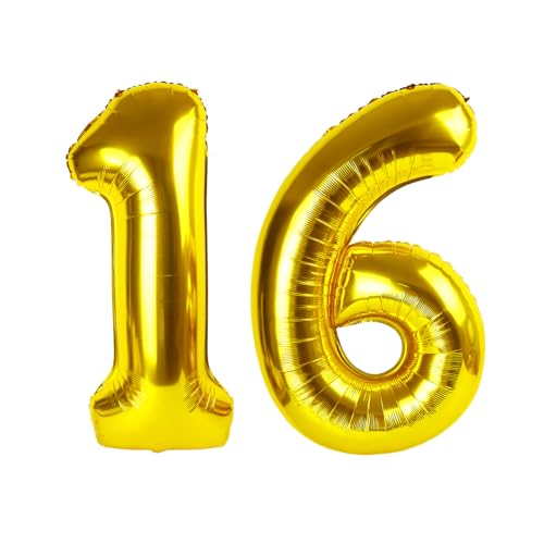 Image of Number Balloons 16 Balloon 40 inch Gold for 16 61 Birthday Party Decoration | Saturated Color, Large 40 in, With Straw & Hanging Hole, For Graduation Season, Thanksgiving, Anniversary, Christmas