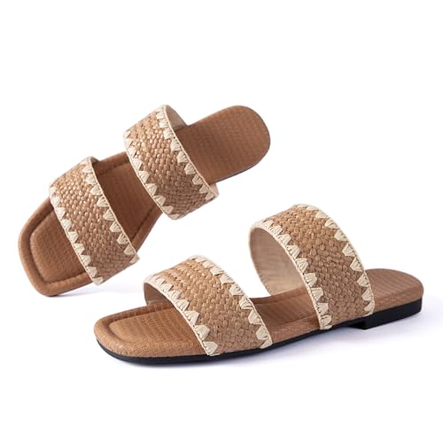 Image of Mtzyoa Women Flat Sandals Raffia Braided Summer Straw Dressy Casual Vacation Bohemian Cute Beach Comfy Slip On Slides