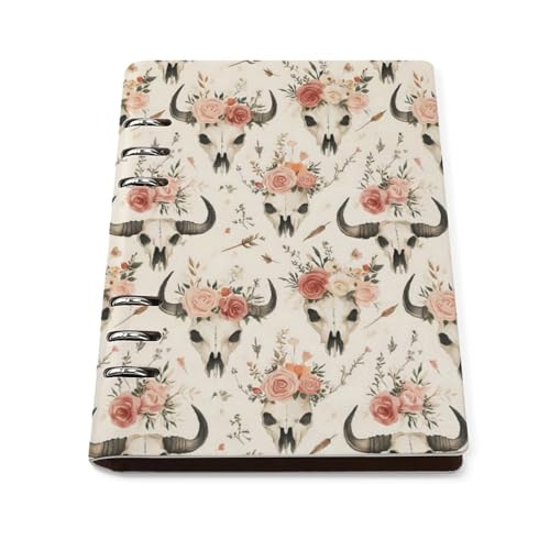 Carnet ligné A5 en cuir PU rechargeable avec imprimé fleurs et crânes
