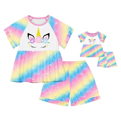 Image of LQSZ Matching Girls & Doll Pajamas Set for Toddler Girls Short Sleeves Cute Outfit Sleepwear