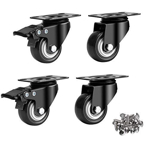 4 Pack 2' Swivel Caster Wheels with Safety Dual Locking & Heavy Duty PU, No Noise Wheels with 360 Degree Top Plate & Bearing Heavy Duty (2 with Brakes & 2 Without) Black w/ 16 Screws
