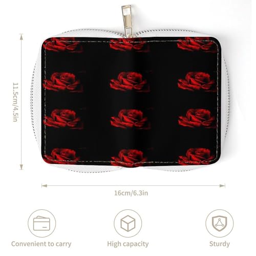 Women Leather Coin wallet, Key Change Organizer Zipper Card Holder Purse Clutch Pouch Pocket 4.5x3.15 in Print Red Rose Petal on Black Background3