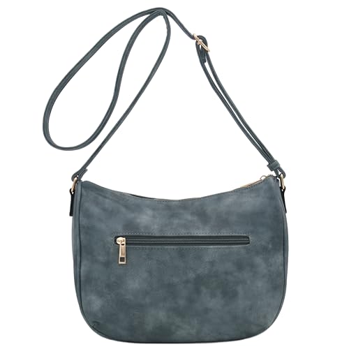 Image of Faux Leather Two Front Zipper Pocket Crossbody Saddle Bag (BlueGrey)