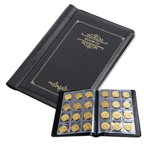 Álbum de Monedas 120 Bolsillos Negro, Libro de Colección para Monedas de 2 Euros, Medallas y Fichas, 11,5x15,5 cm, Cubierta de Cuero Sintético, Álbum de Coleccionista Portátil