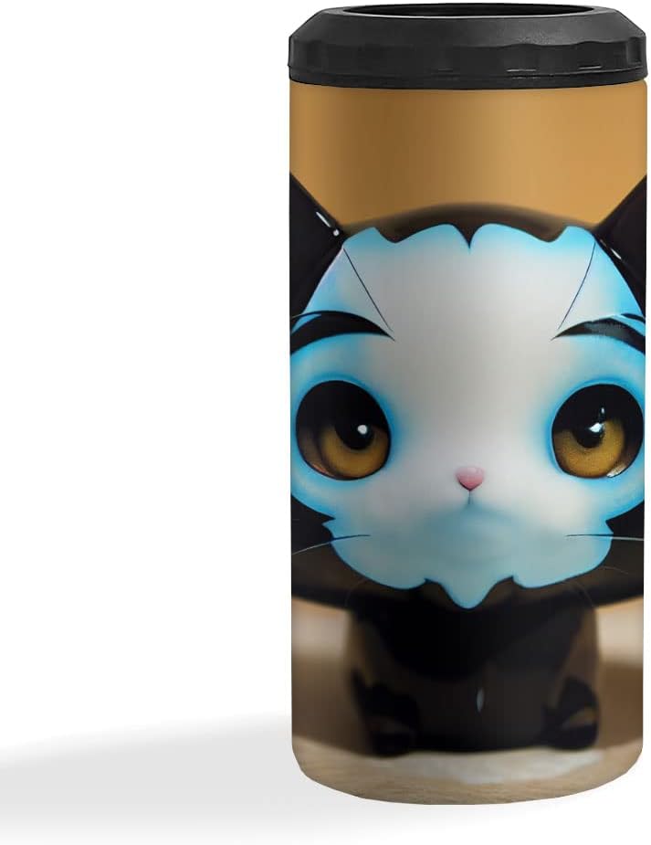 Small Vinyl Cat Figure Insulated Slim Can Cooler - Printed Can Cooler - Themed Insulated Slim Can Cooler