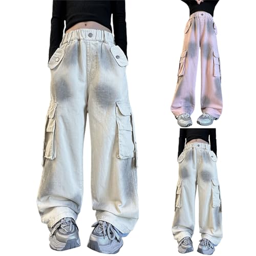 Betadog Girls Cargo Jeans Elastic Waist Straight Leg Pants Casual Stretch Demin Pants with Pockets 5-14 Years Sweatpants