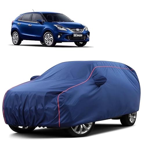 Image of Sulfar 100% Water Resistant Car Body Cover Compatible with Mirror for Toyota Glanza(Baleno) (Triple Stitched, Full Bottom Elastic, Blue Tafetta with Red Piping)