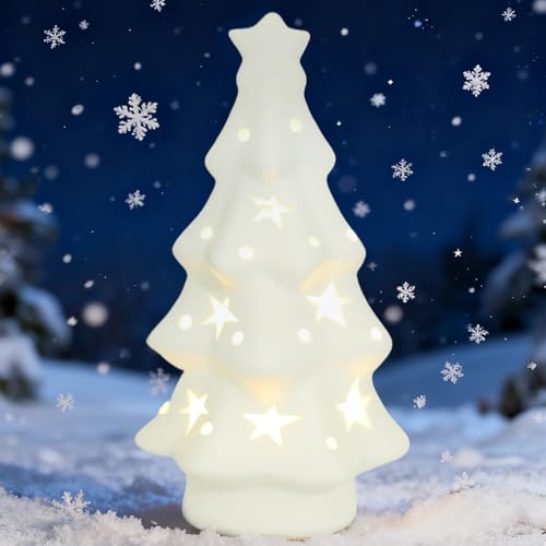 Decorazione natalizia per interni in ceramica, albero di Natale con illuminazione a LED, decorazione per l'inverno, decorazione da tavolo in ceramica, decorazione natalizia bianca, albero di Natale
