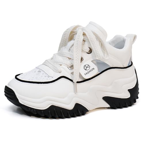 Women's Leather Hollow Increasing Platform Casual Sneakers Lace Up Non-Slip Shock Absorbing Heighten Hiking Shoes Summer Fashion Round Toe Breathable Dad Shoes