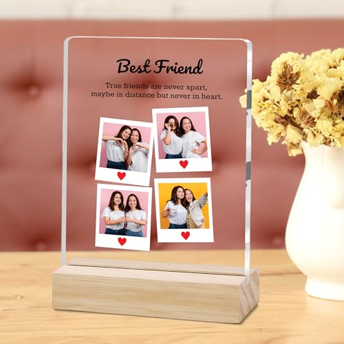 Image of Giftplease Customized Friends Plaque with Wooden Stand | Personalized Photo Frame with Quote | Best Friend Birthday Gift, Farewell Gift, Friendship Day Gift for BFF Keepsake Room Decor FR 06