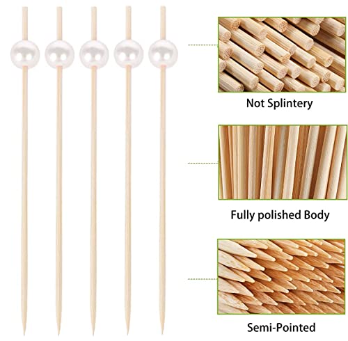 Bamboo Cocktail Picks, 200Pcs, With Ivory White Pearl Bead Top, 4.7 Inch, Mini Skewers Picks For Appetizer, Drinks Fruit, Pastry, Dessert, Garnish, Sandwich(200 Pcs) #TOP2