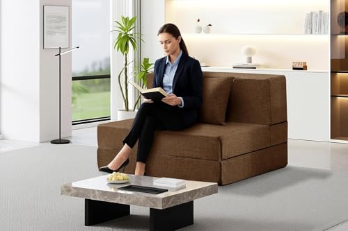 Image of Los Angeles Foldable One Seater Sofa Cum Bed, Sofa Bed 3 X 6 Feet, Jute Fabric Washable Cover Including One Cushion Perfect for Home & Office, Guest Room - Brown Color