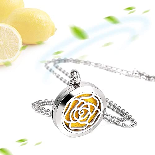 Aromatherapy Essential Oil Diffuser Necklace With Rose Pattern - 25Mm Adjustable 316L Stainless Steel Perfume Pendant Locket With 11 Color Refill Pads #TOP3