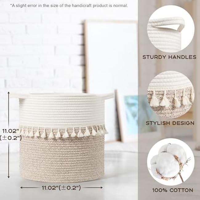 danpinera 11 Inch Storage Baskets Set of 3, Cotton Woven Baskets for Storage with Strong Handles & Stylish Tassel, Storage Bins, Decorative baskets for shelves, Nursery, Laundry, White & Mixed Brown