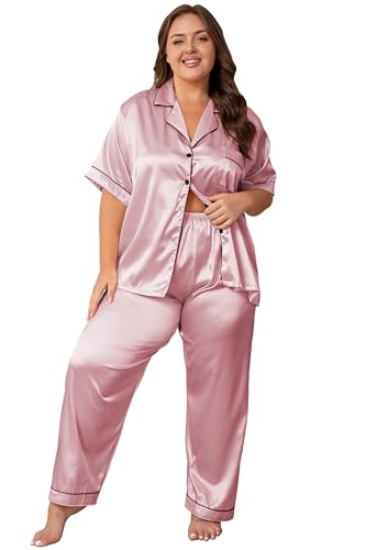 Vozanet Womens Button Down Satin Pajama Sets Silky Short Sleeve Top & Pants Plus Size Loungewear Classic Sleepwear XL to 5XL Pink 4X-Large