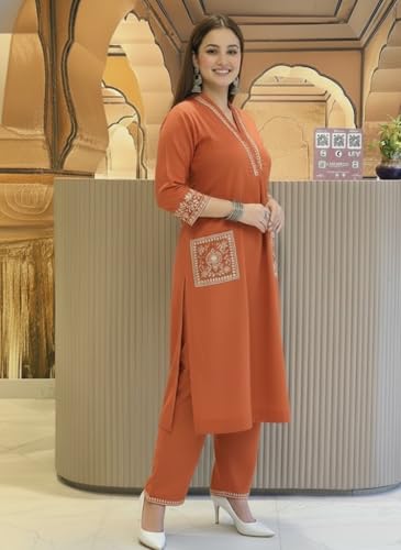 Image of SHEINZY Women's Embroidered Kurta Set with Pants | 3 /4 Sleeve V-Neck Kurti with Floral Thread Work | Ethnic Indian Wear for Casual & Festive Occasions | Comfortable Co-ord