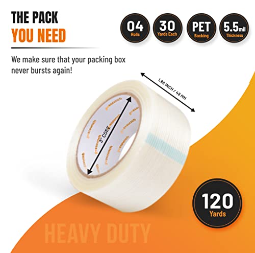 Image of Filament Strapping Tape (1.88 inch x 30 yds, Pack of 4) Transparent 5.5mil Reinforced Fiberglass Tape - Synthetic PET Adhesive Heavy Duty