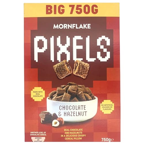 Mornflake - Pixels Hazelnut & Chocolate Cereal Crispy Breakfast Cereal Pillows, Multipack of 8x 750g Vegetarian Chocolate Cereal. Wheat Pillows Filled With Real Chocolate and Hazelnut Filling