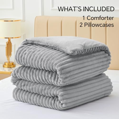 BEDELITE Fleece Queen Comforter Set -Super Soft & Warm Fluffy Light Grey Bedding, Luxury Fuzzy Heavy Bed Set for Winter with 2 Pillow Cases