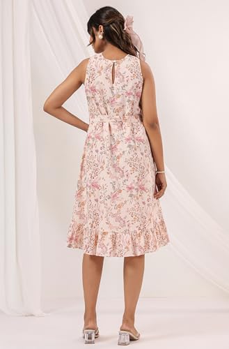 Image of Janasya Women's Peach Pure Cotton Floral Printed A-line Dress