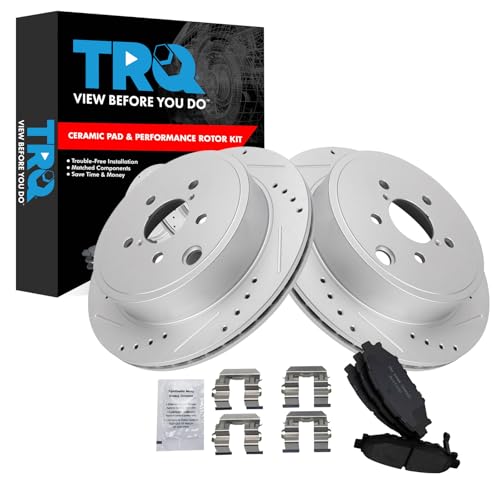 Image of TRQ Performance Rear Brake Pad and Rotor Set Ceramic Coated Drilled Slotted Rotors Compatible with 2010-2014 Subaru Legacy