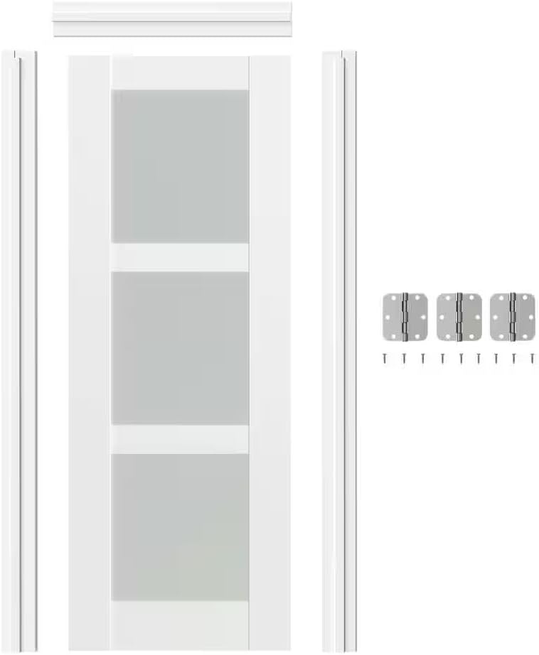 Prehung Door, 32" x 80", 3-Lite Frosted Glass, Prehung Interior Door, Right-Handed, White MDF with Door Jamb & Hardware Kit