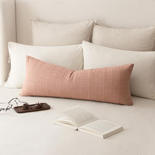 Image of Foindtower Set of 2 Decorative Linen Check Throw Pillow Covers Neutral Farmhouse Vintage Cushion Covers Cozy Modern Boho Accent Home Decor for Sofa Chair Couch Bed Living Room,14x36 Inch,Coral Pink