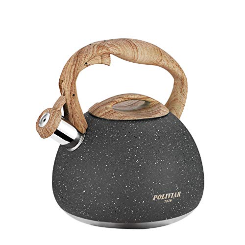 Comparison: Best Tea Kettle For Induction Stove 11 POLIVIAR Tea Kettle, 2.7 Quart Natural Stone Finish with Wood Pattern Handle Loud Whistle Food Grade Stainless Steel Teapot, Anti-Hot Handle and Anti-Rust, Suitable for All Heat Sources (JX2018-GR20)